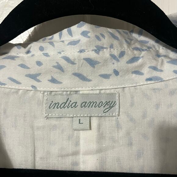 INDIA AMORY Julia SZ L White Blue Short Sleeve Shirt Dress Blue Print Flowy - Picture 7 of 8
